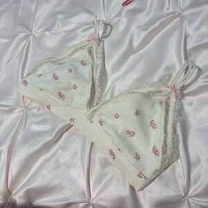 White and Pink Lace Trim Bra